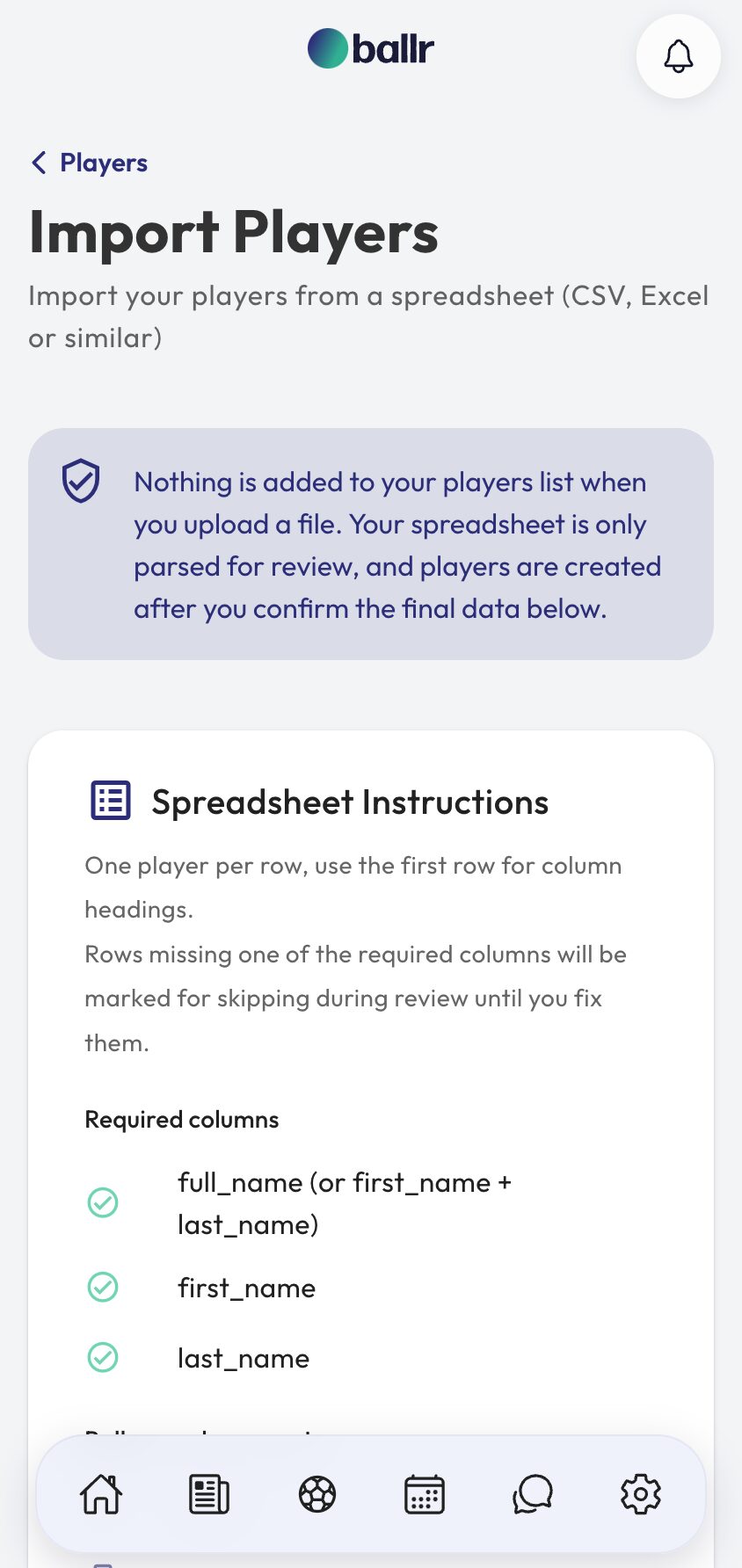 The player import screen listing the required and optional spreadsheet columns.