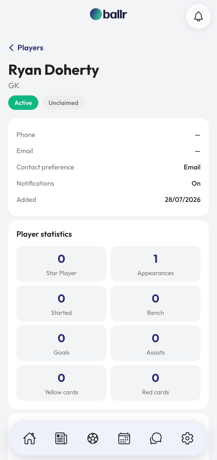 A player profile showing claimed and unclaimed status.