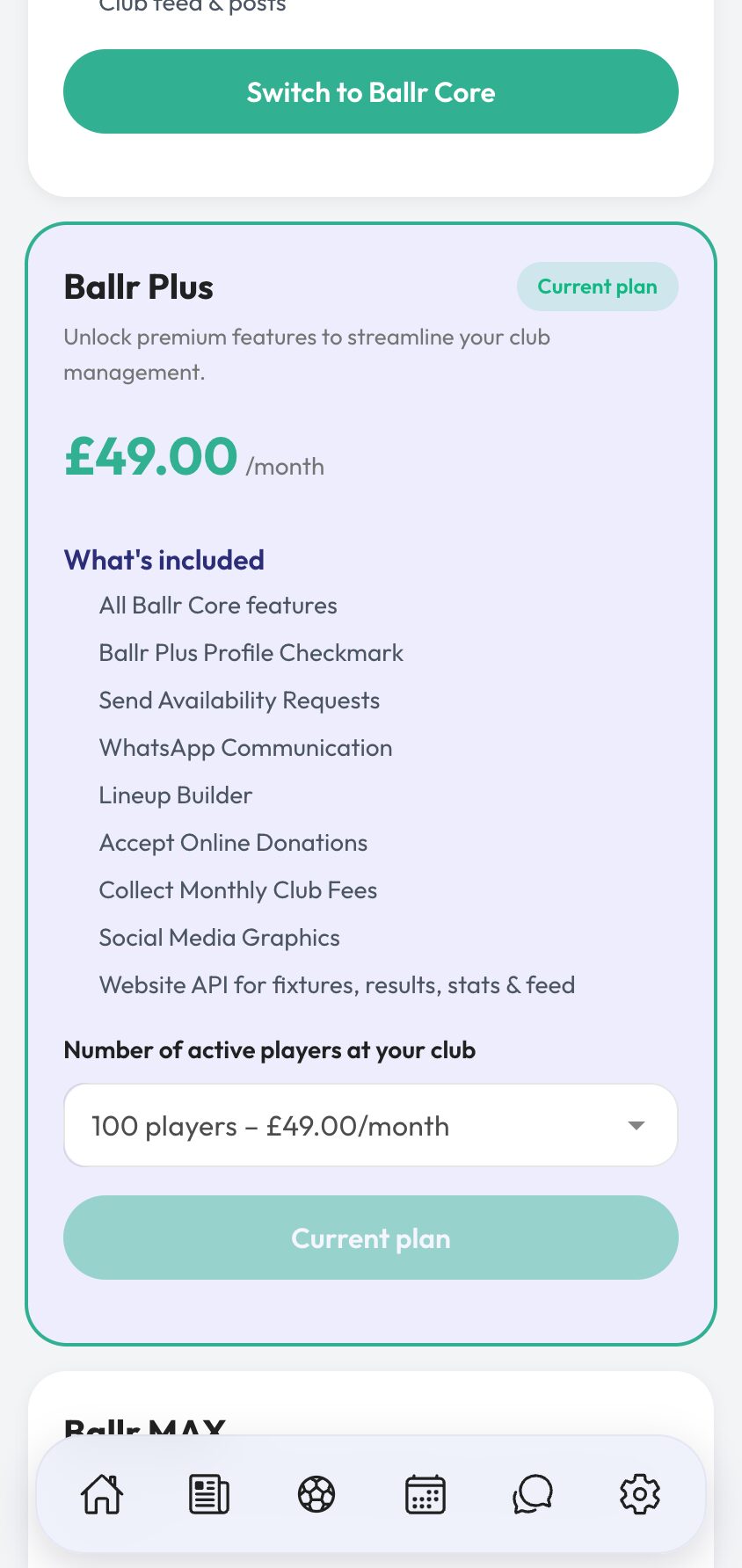 The Ballr Plus plan listing availability, WhatsApp, lineups and payments.