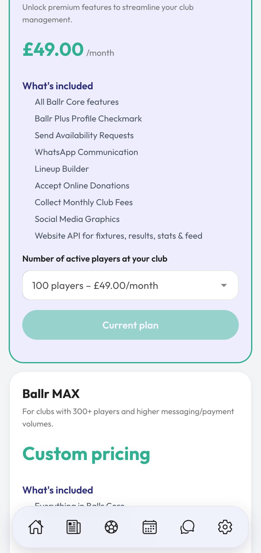 Choosing an active player count and seeing the monthly Plus price.