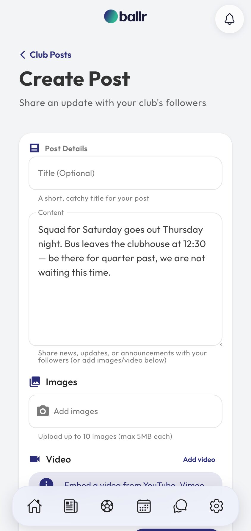 Club feed step 2 the create post screen with content, images, video and a live preview.