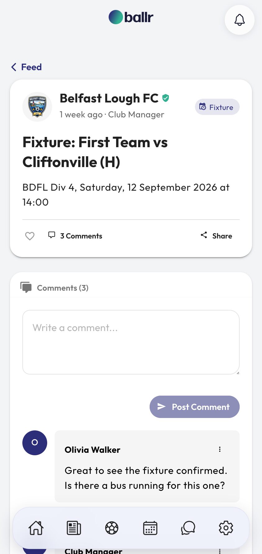 Club feed step 3 a published post on the public club profile.