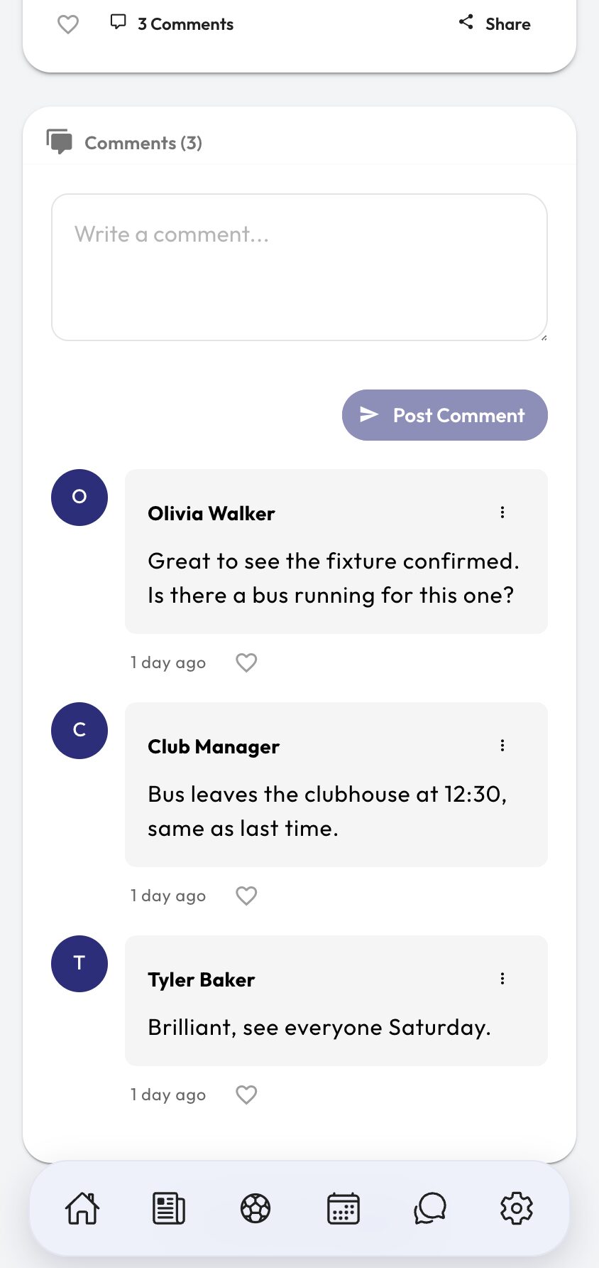Club feed step 4 comments and sharing on a published club post.
