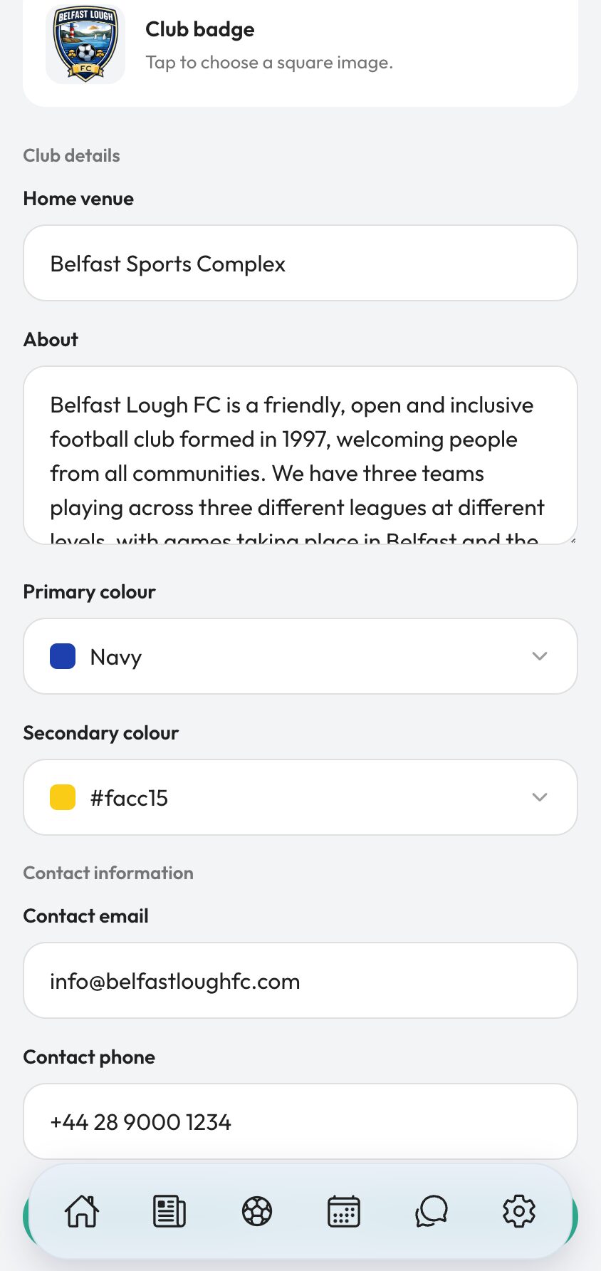 Choosing primary and secondary club colours.