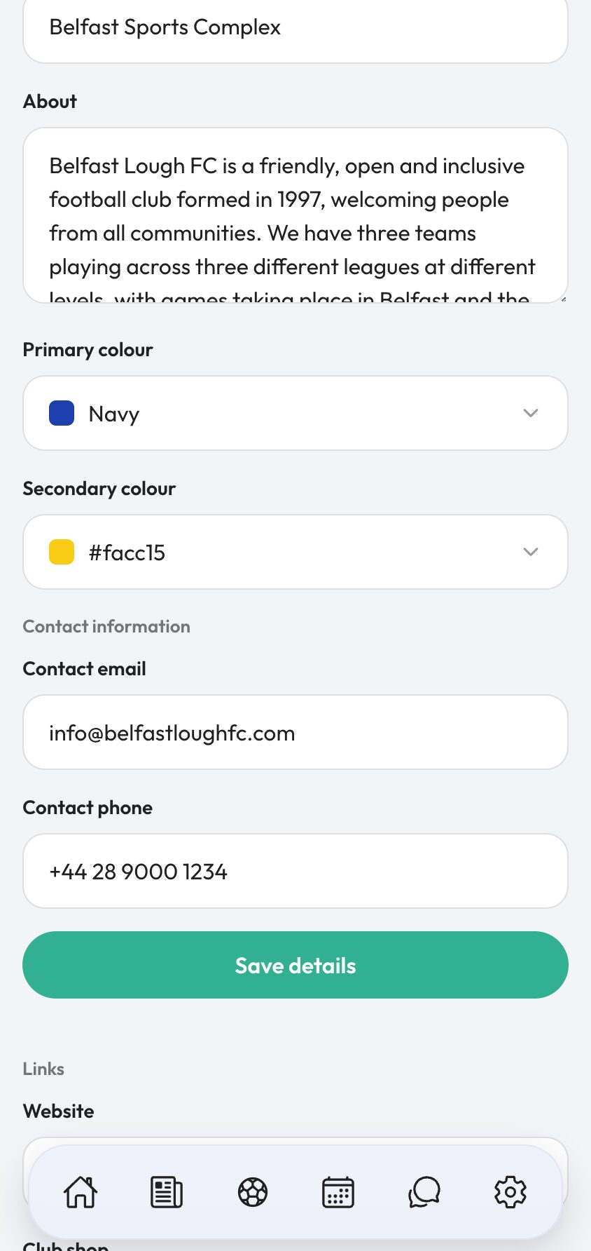 Club details, home venue and contact information.