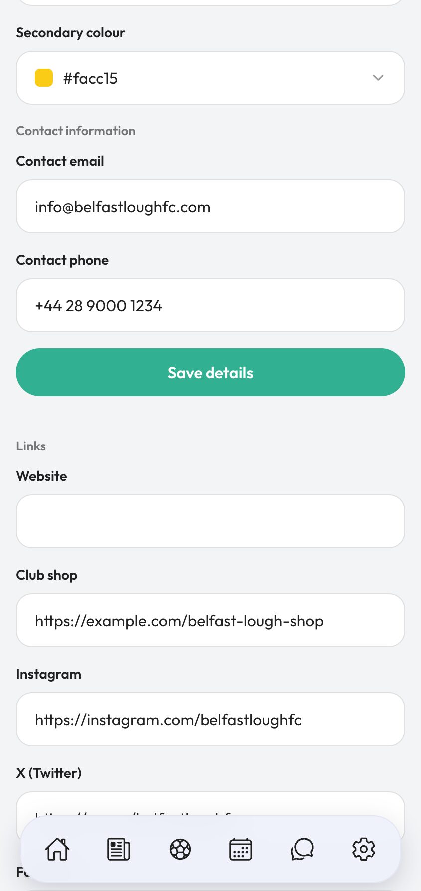 Adding website and social media links to the club profile.