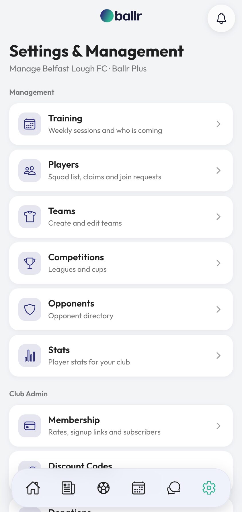The club admin area, showing which sections each role can reach.