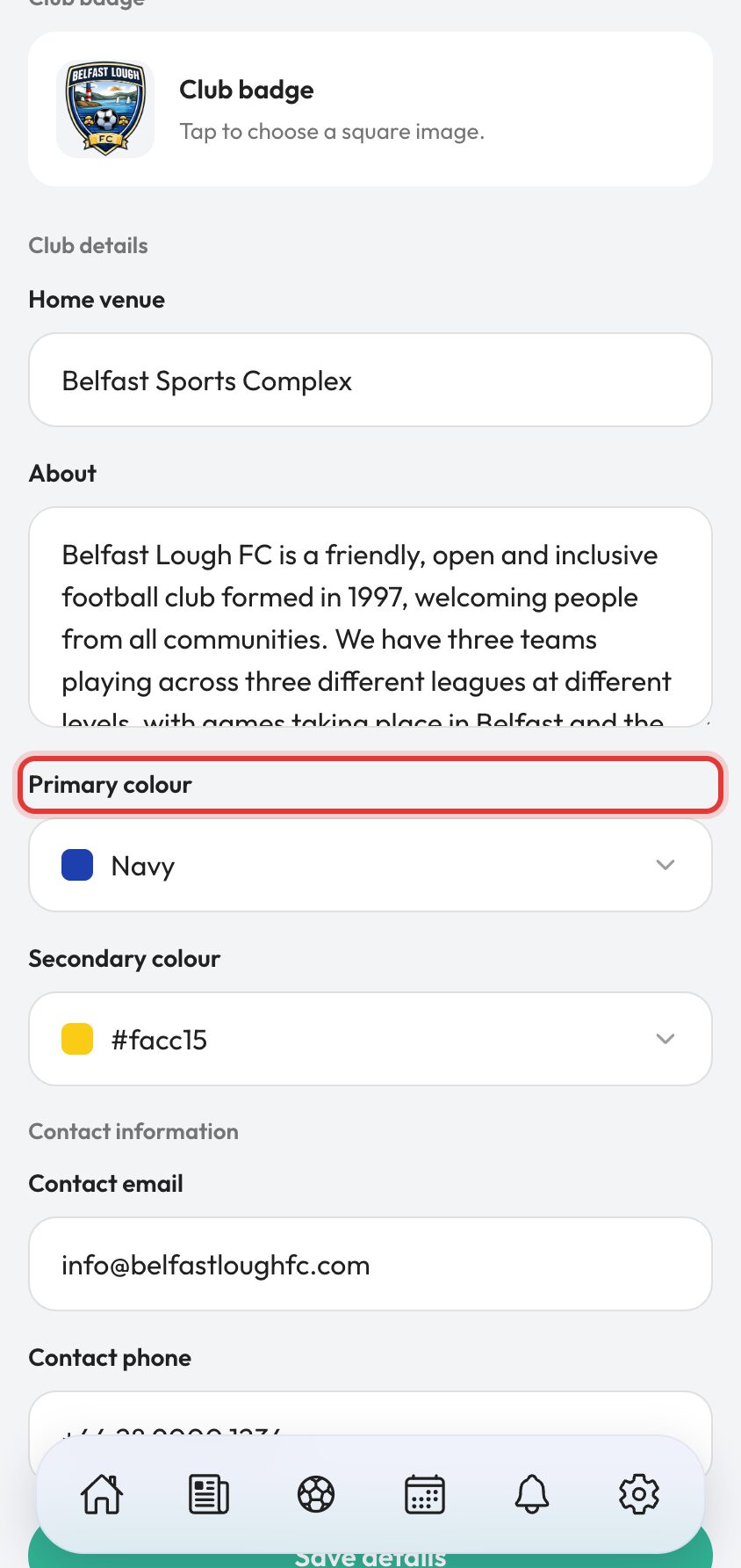 Create Ballr account step 2 club profile setup form showing name and colours