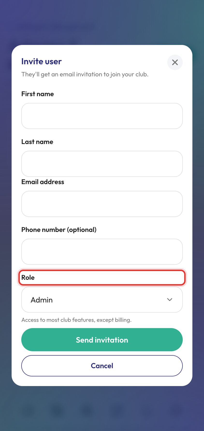 Create Ballr account step 3 club invitation and role controls.