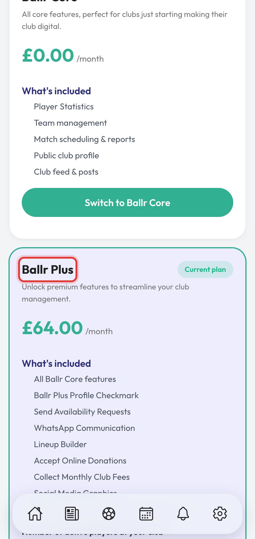 Create Ballr account step 4 club settings with Ballr Core and Ballr Plus options.