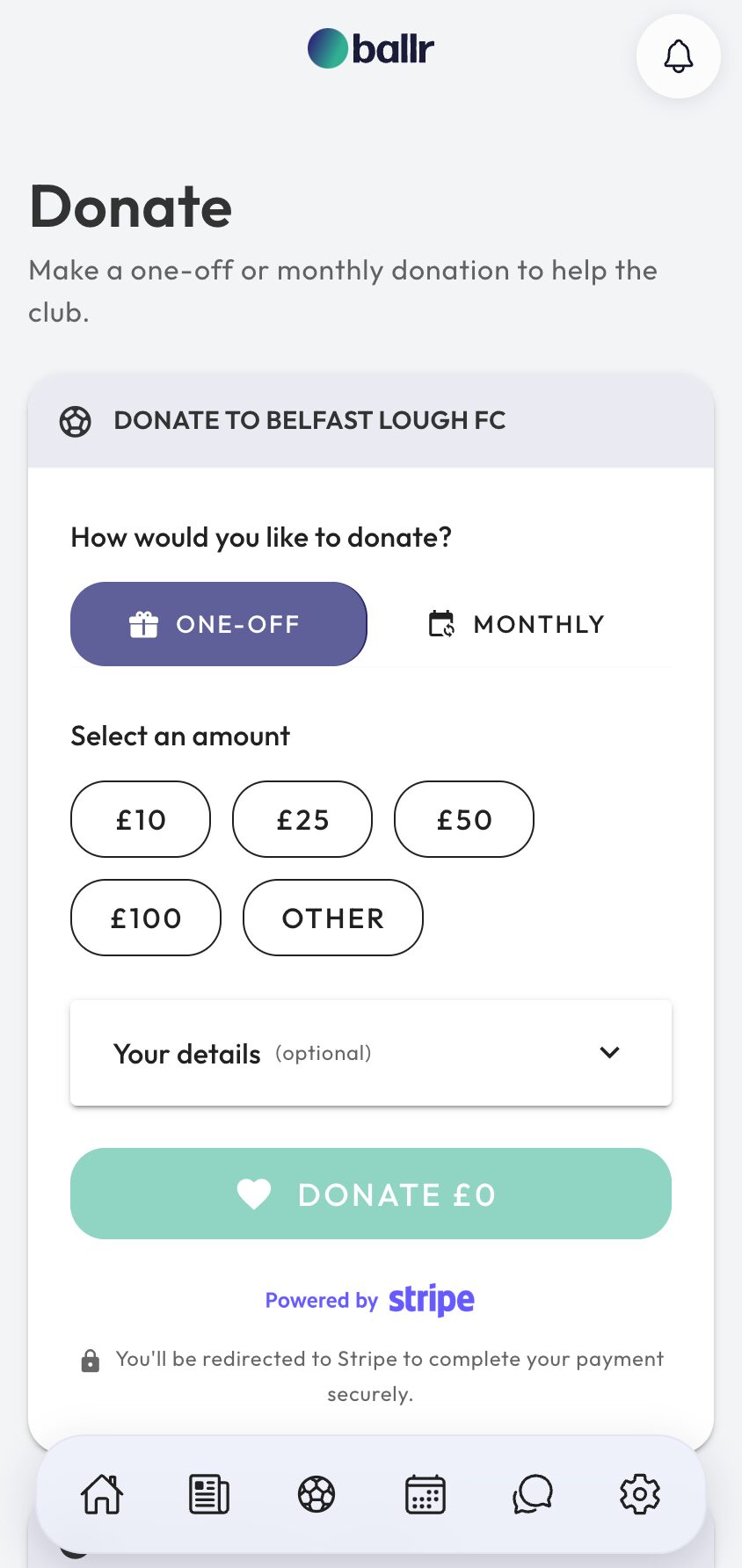 Donations step 2 the public donation page with one-off and monthly options and suggested amounts.