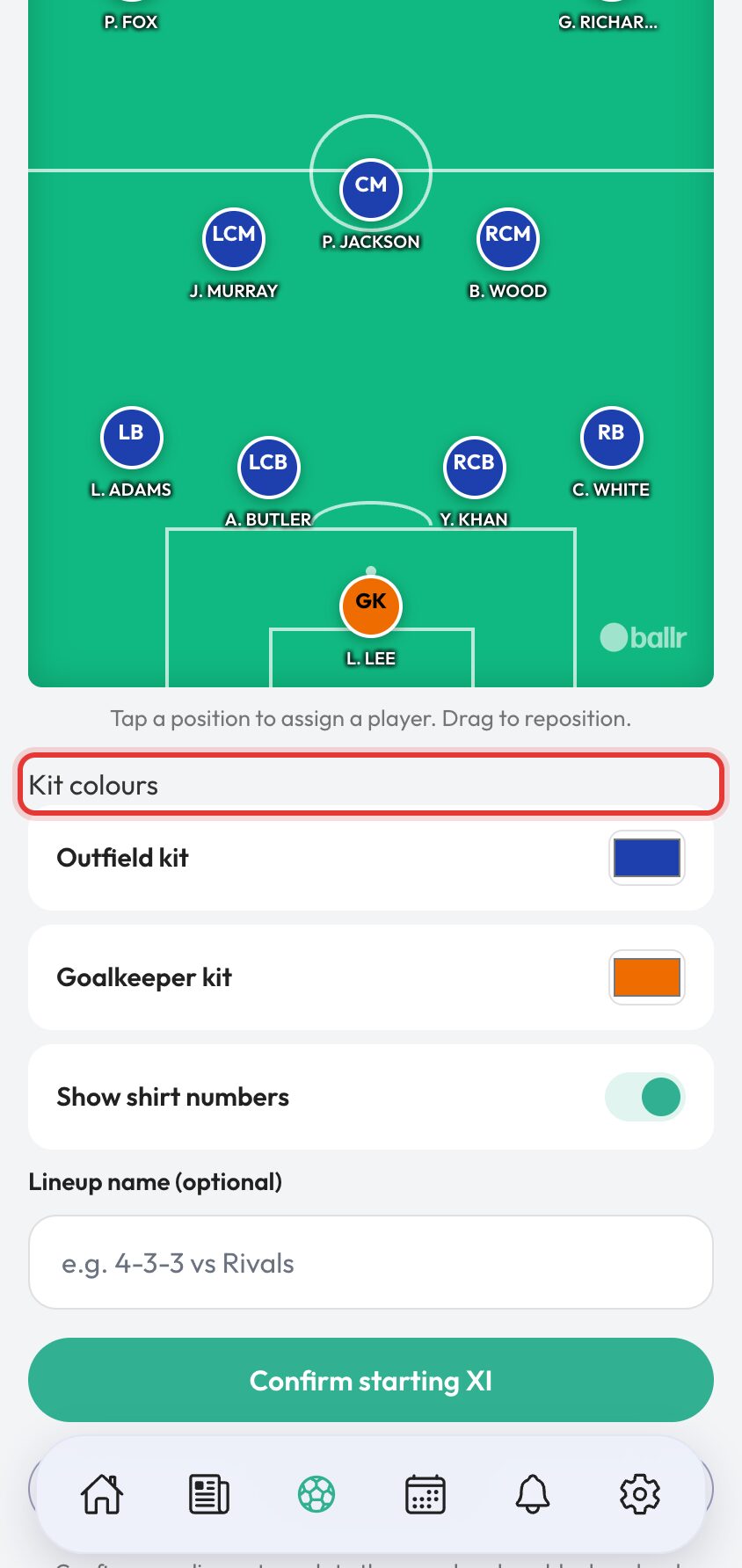 Lineup graphics step 2 formation and kit colours selection menu.