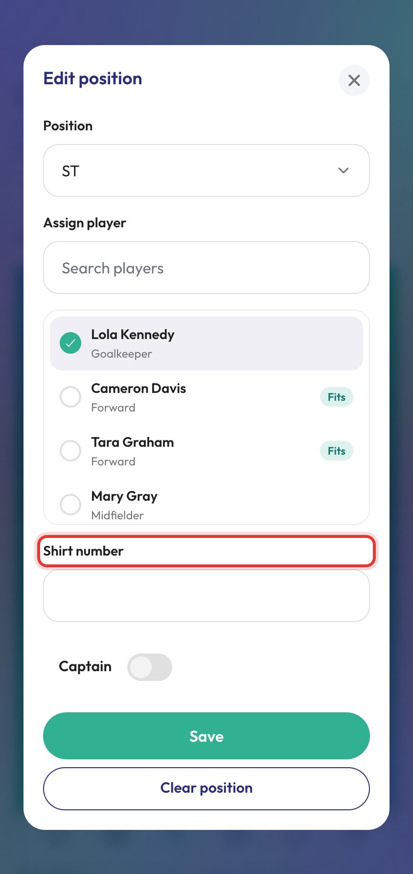 Lineup graphics step 3 player selection menu with shirt number and captain options.