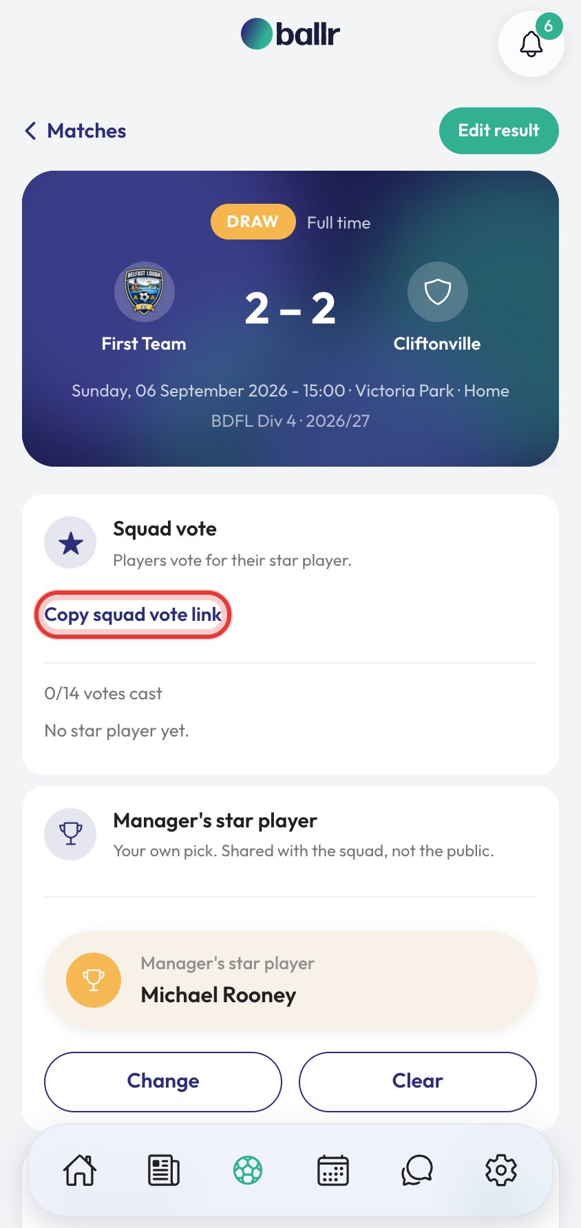 Star Player voting step 2 copy voting link action and share prompt.