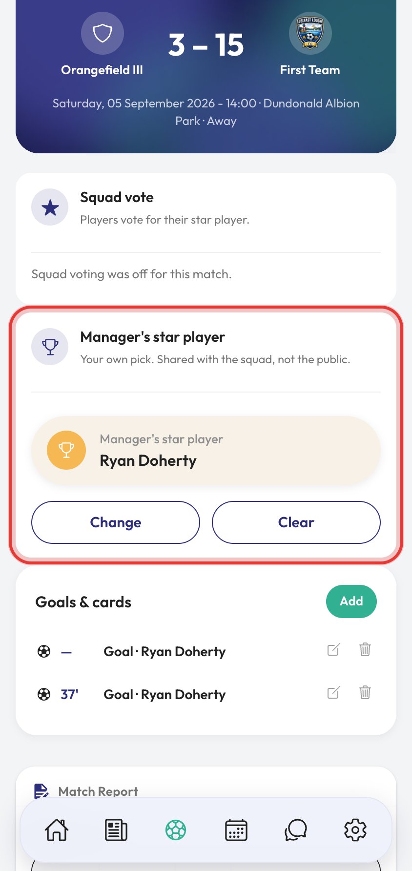 Star Player voting step 5 the manager's private Star Player card on the match screen.