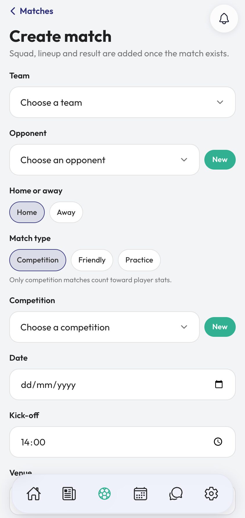 Manage fixtures step 2 the match type options with the competition selector.