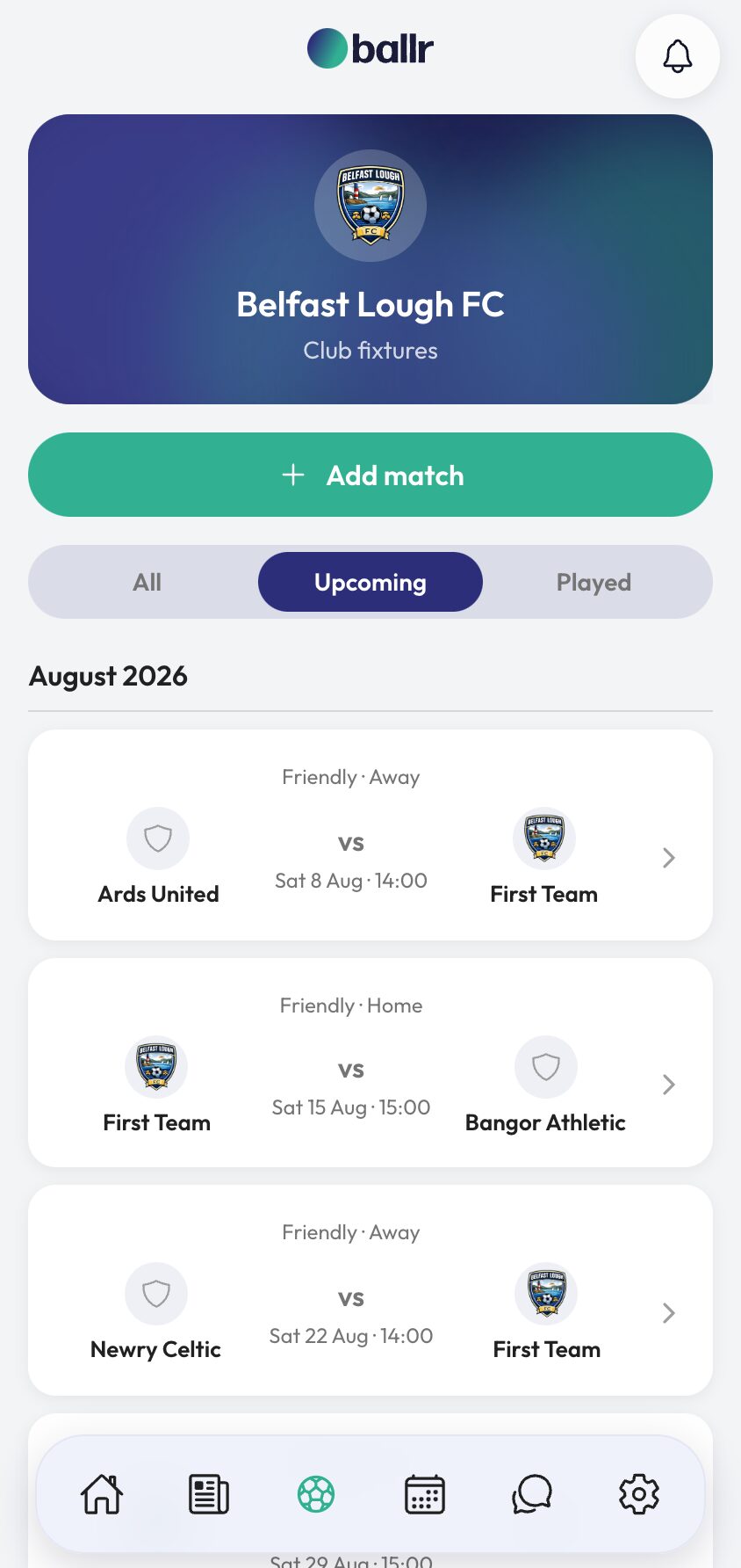 Manage fixtures step 3 the club fixture list grouped by month with upcoming and played filters.