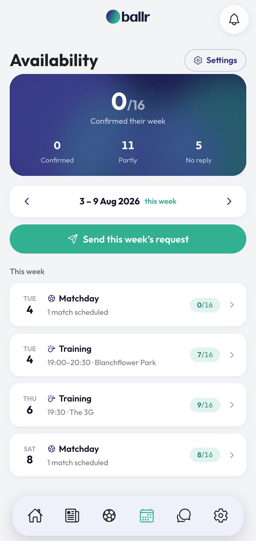 Manage fixtures step 4 a fixture feeding the availability week for the squad.