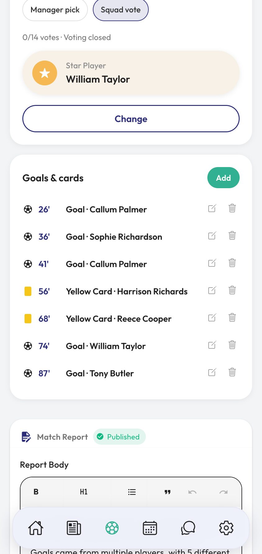 The goals and cards timeline with scorers, assists and bookings.