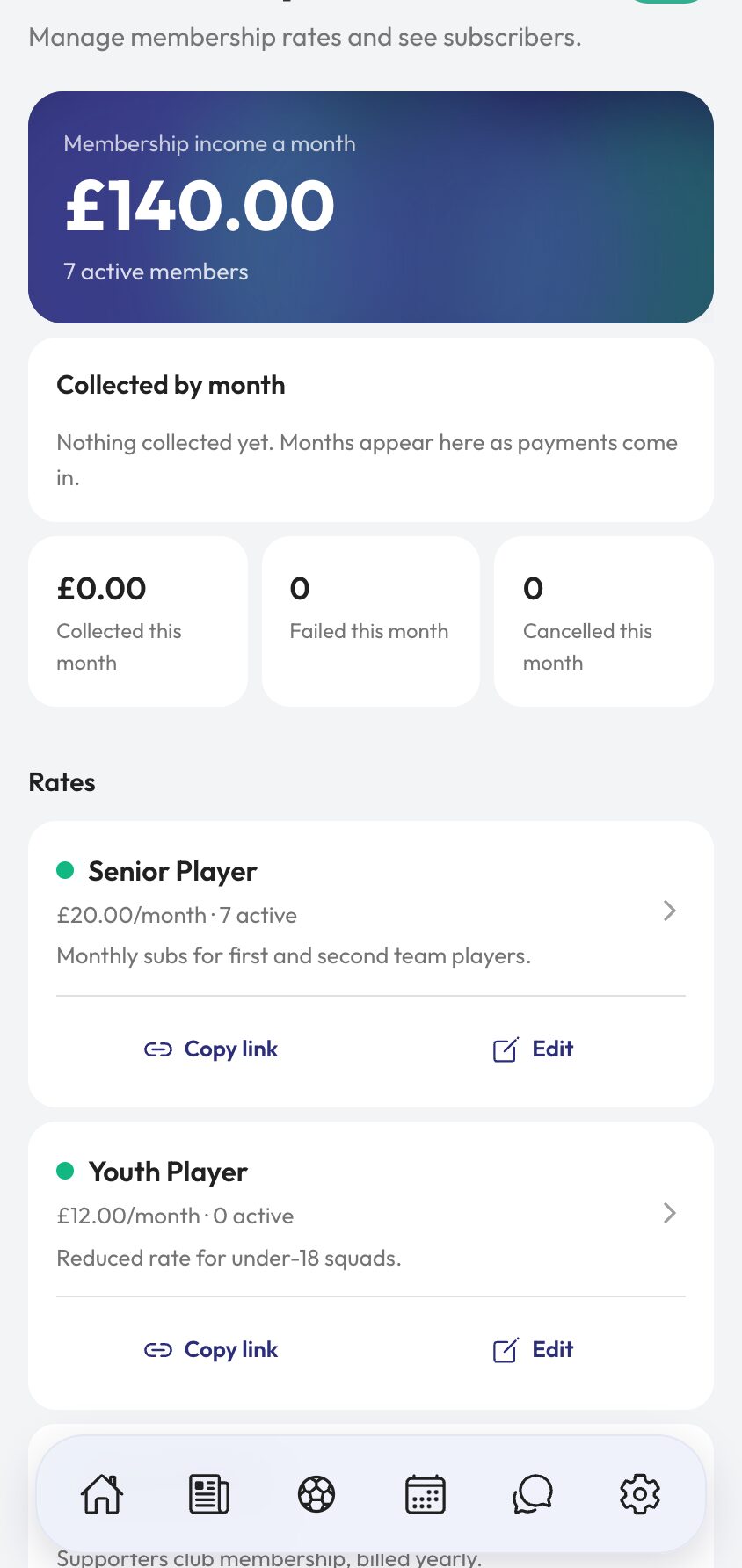 Membership payments step 2 the rates list with copy link and edit on each rate.