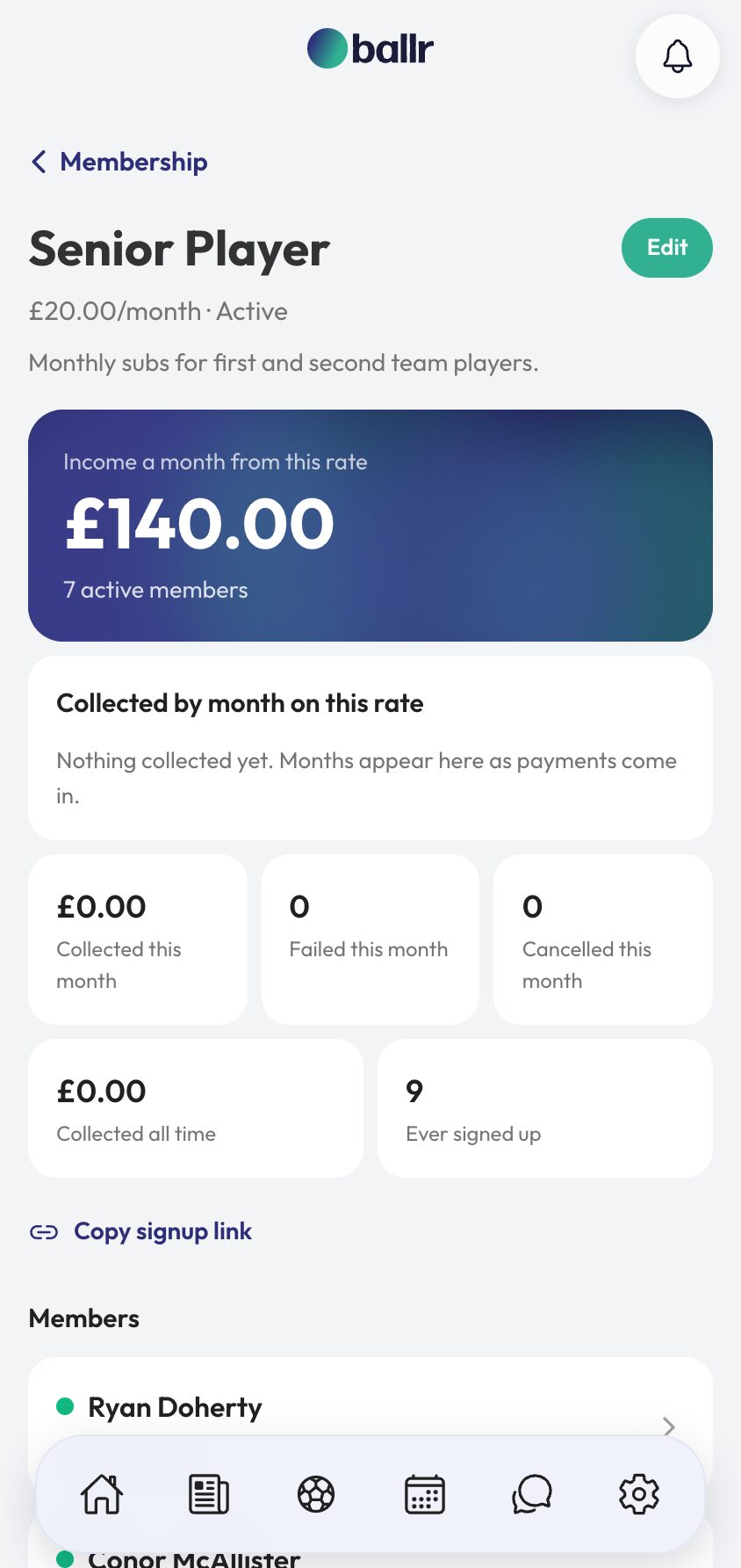 Membership payments step 4 the membership dashboard showing income, collections and member statuses.