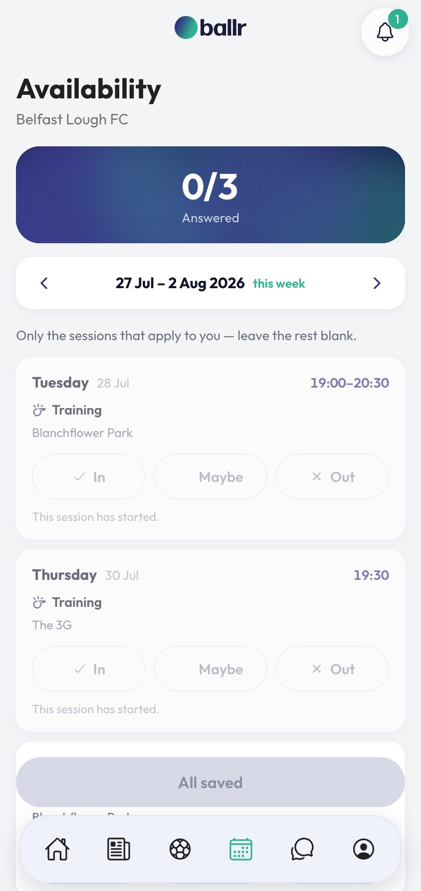 The player week screen with In, Maybe and Out on each session.