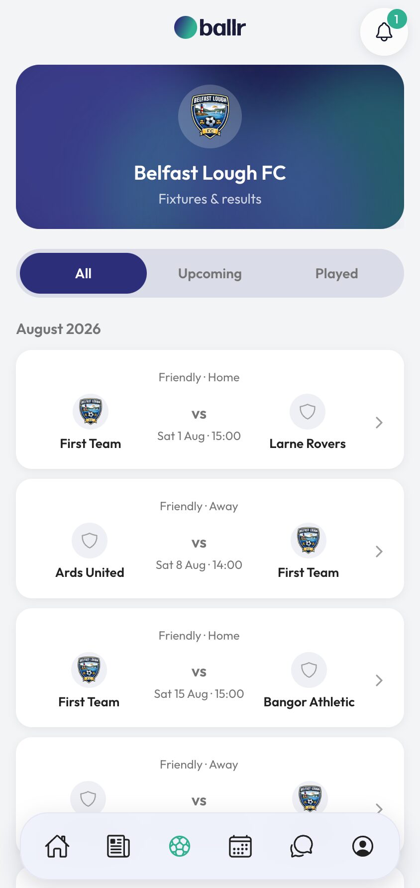 The Ballr player app on a phone showing the week.