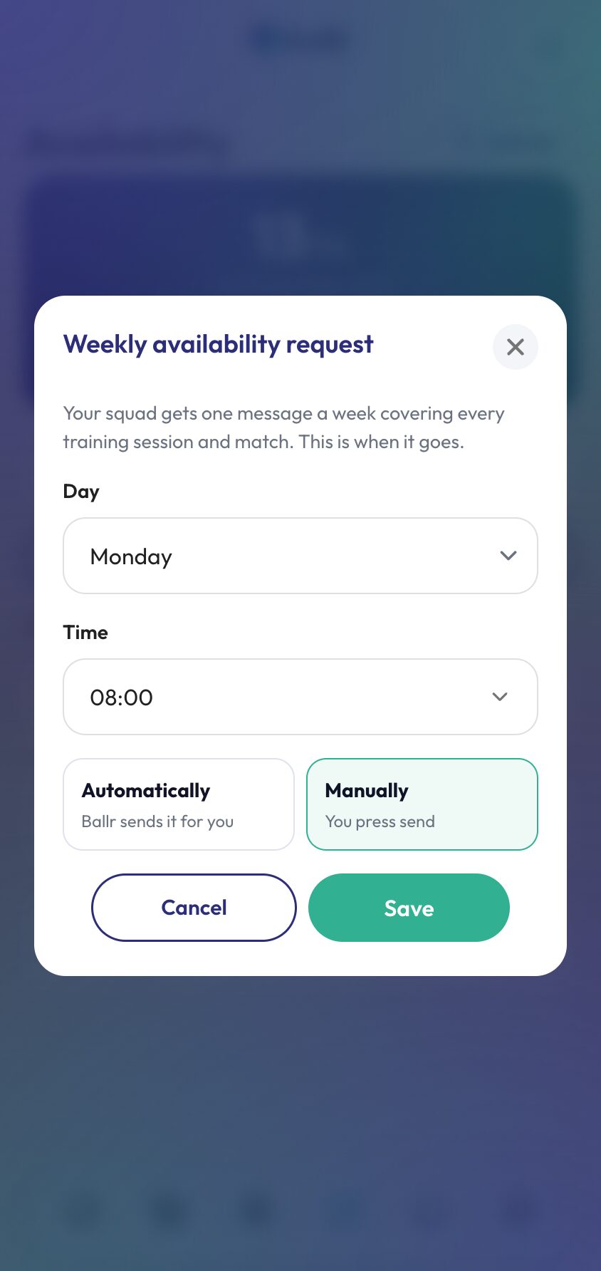 Player availability step 2 the weekly request settings, showing the day, time and automatic or manual.