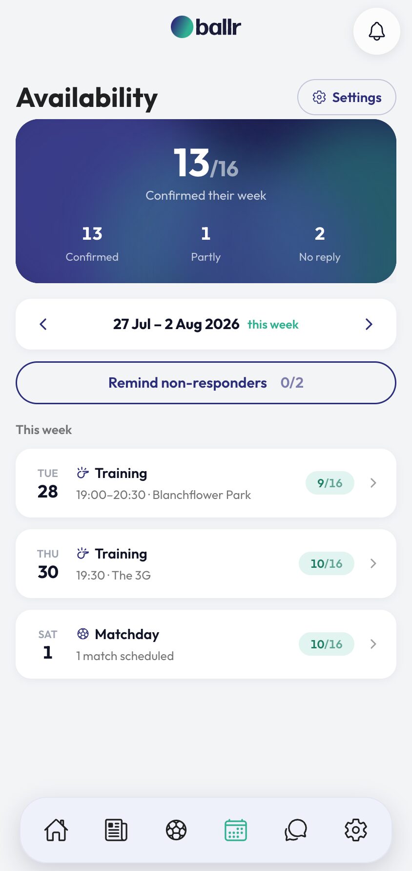 Player availability step 4 the remind button with its two-per-week count.