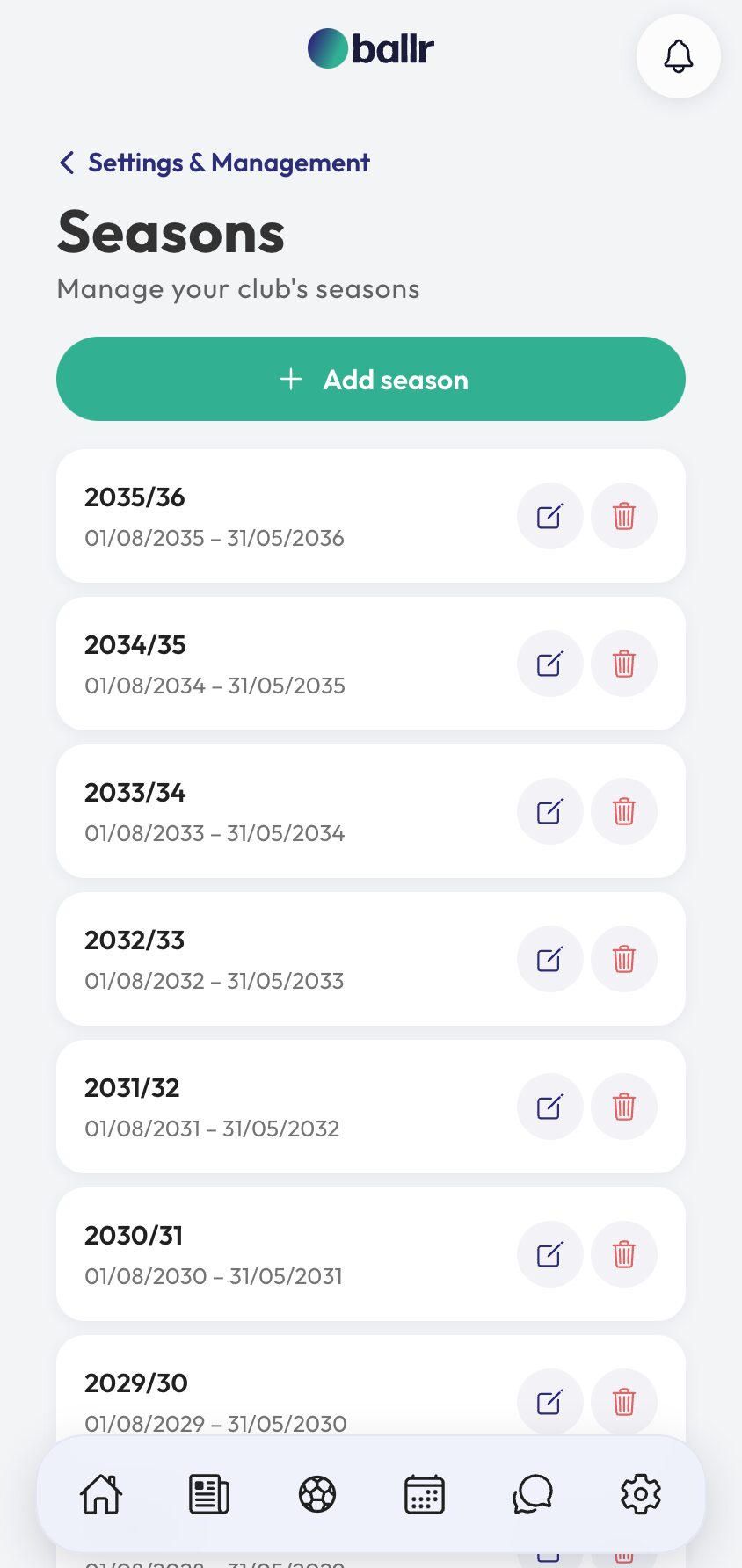 The seasons list with the current season marked and past seasons below.