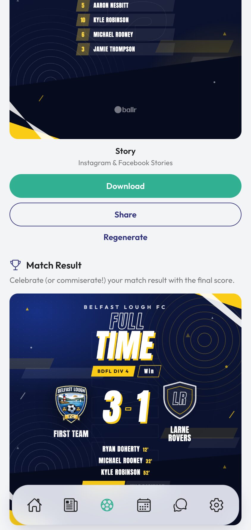 Social graphics step 4 the result graphic available after the match score is entered.
