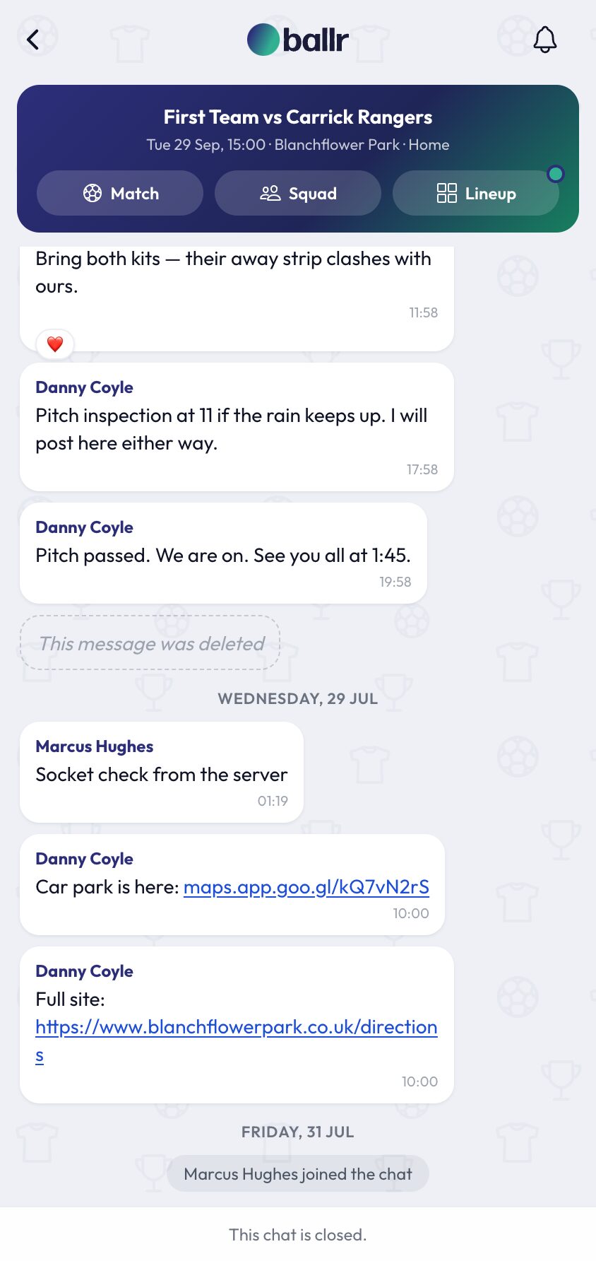 A closed squad chat showing its retention countdown.