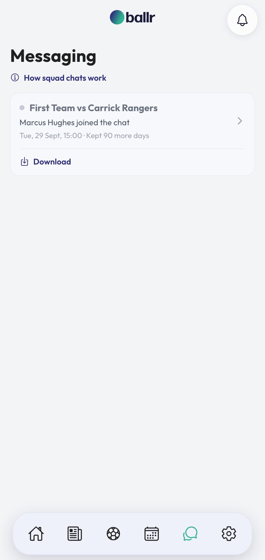 Exporting a squad chat transcript from the messaging list.