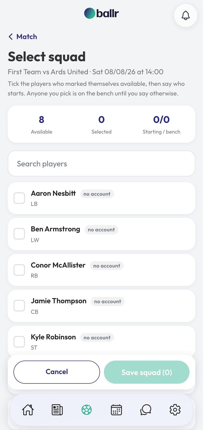 Squad selection step 2 the select squad screen listing available players with positions.