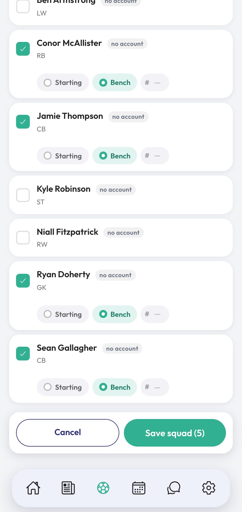 Squad selection step 3 players picked with the starting and bench counter.