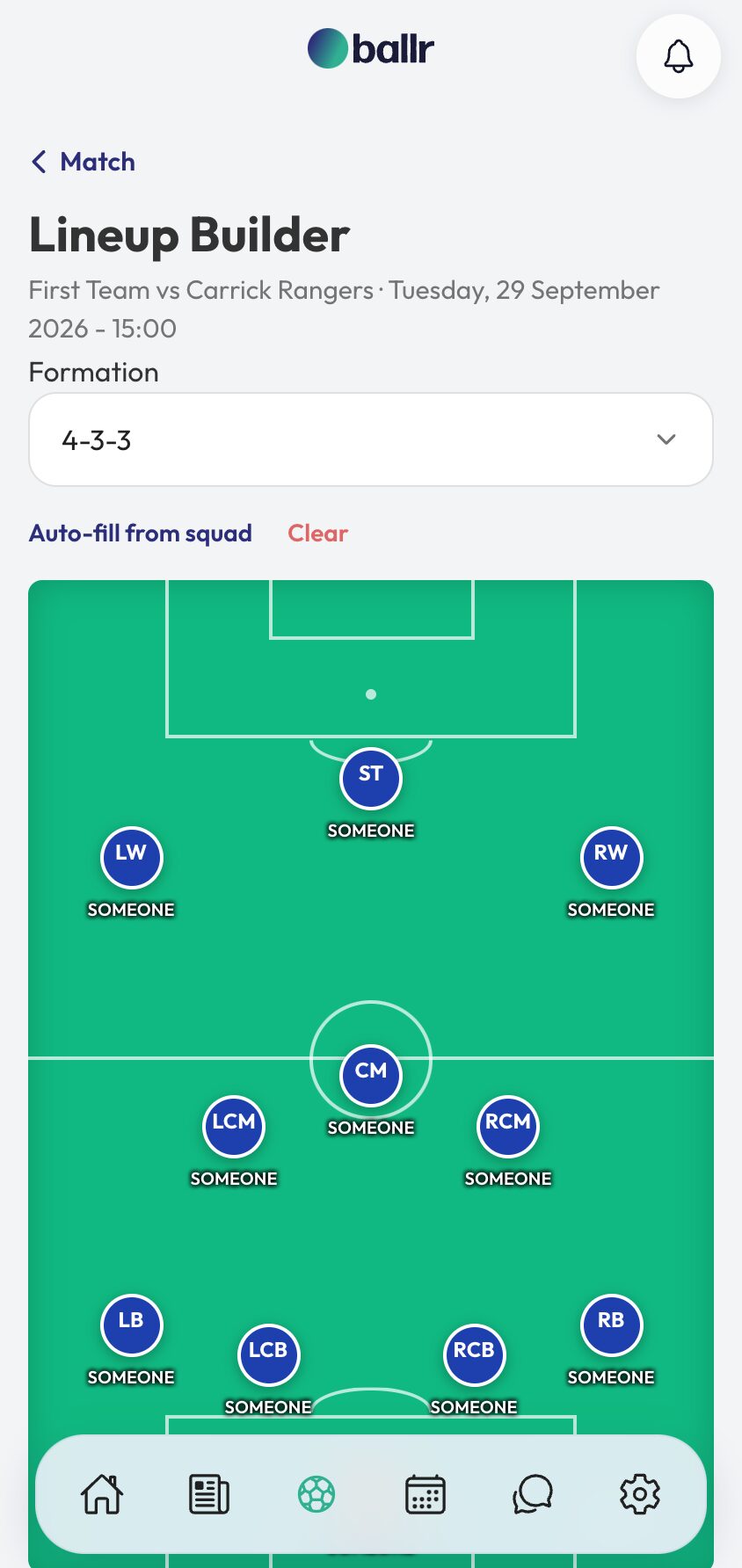 Squad selection step 4 the saved squad feeding into the lineup builder.