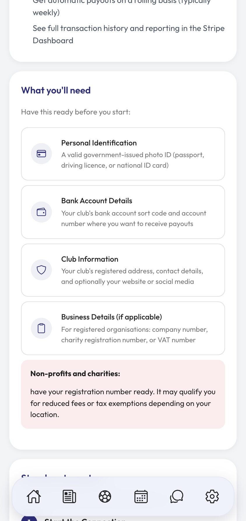 Stripe setup step 2 the in-app guide listing the documents Stripe asks for.