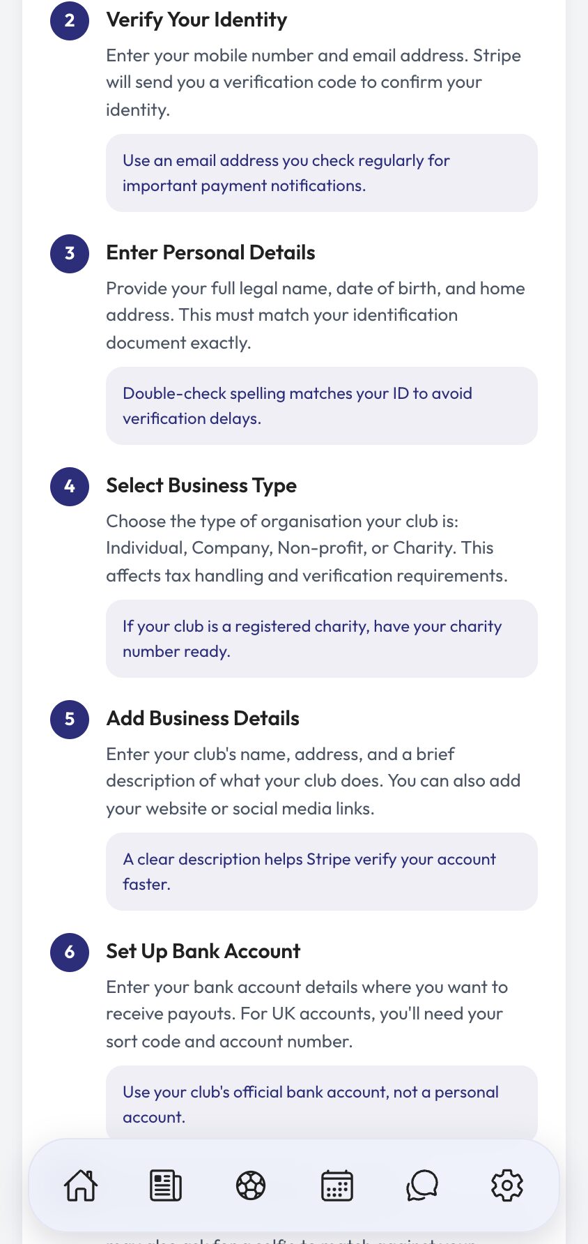 Stripe setup step 3 the step-by-step onboarding walkthrough in the Ballr guide.