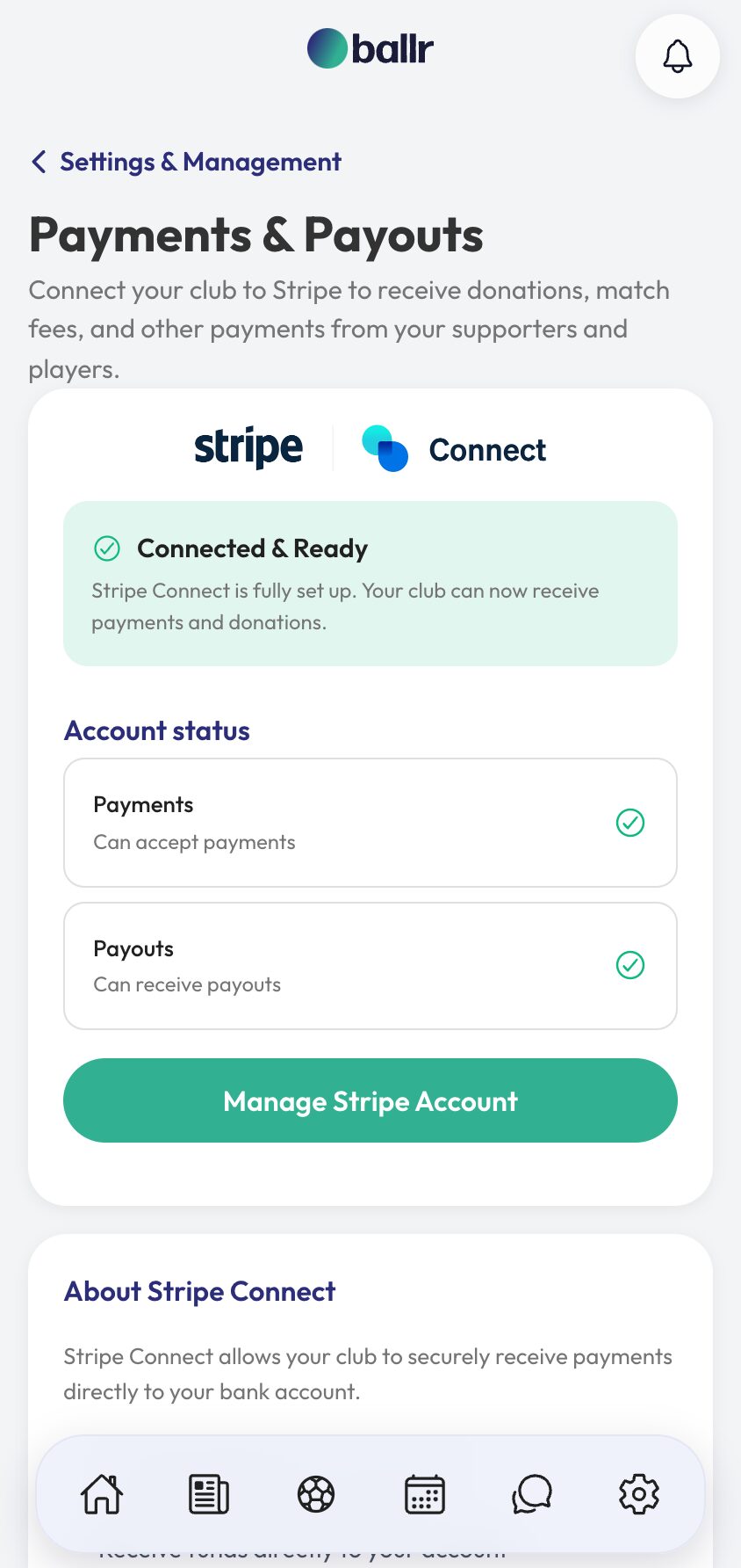 Stripe setup step 4 the connected account status showing payments and payouts enabled.