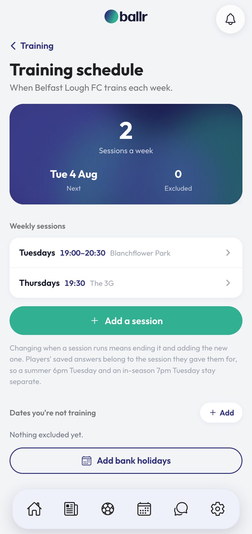 Training Nights That Repeat Themselves in the Ballr app