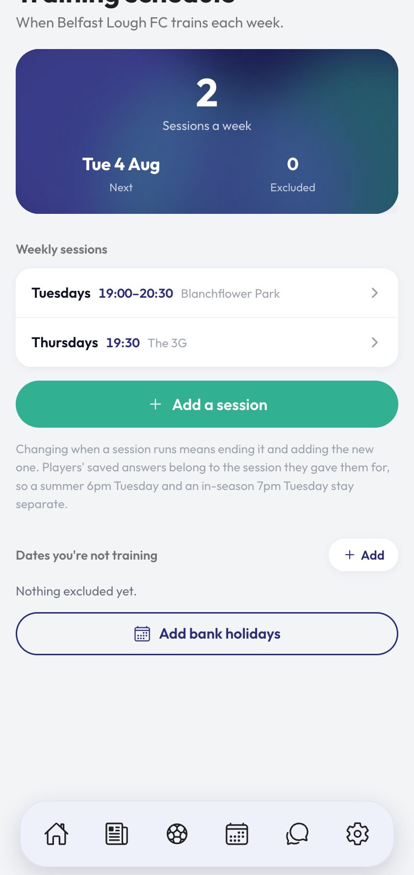 Adding excluded dates and bank holidays to the training schedule.