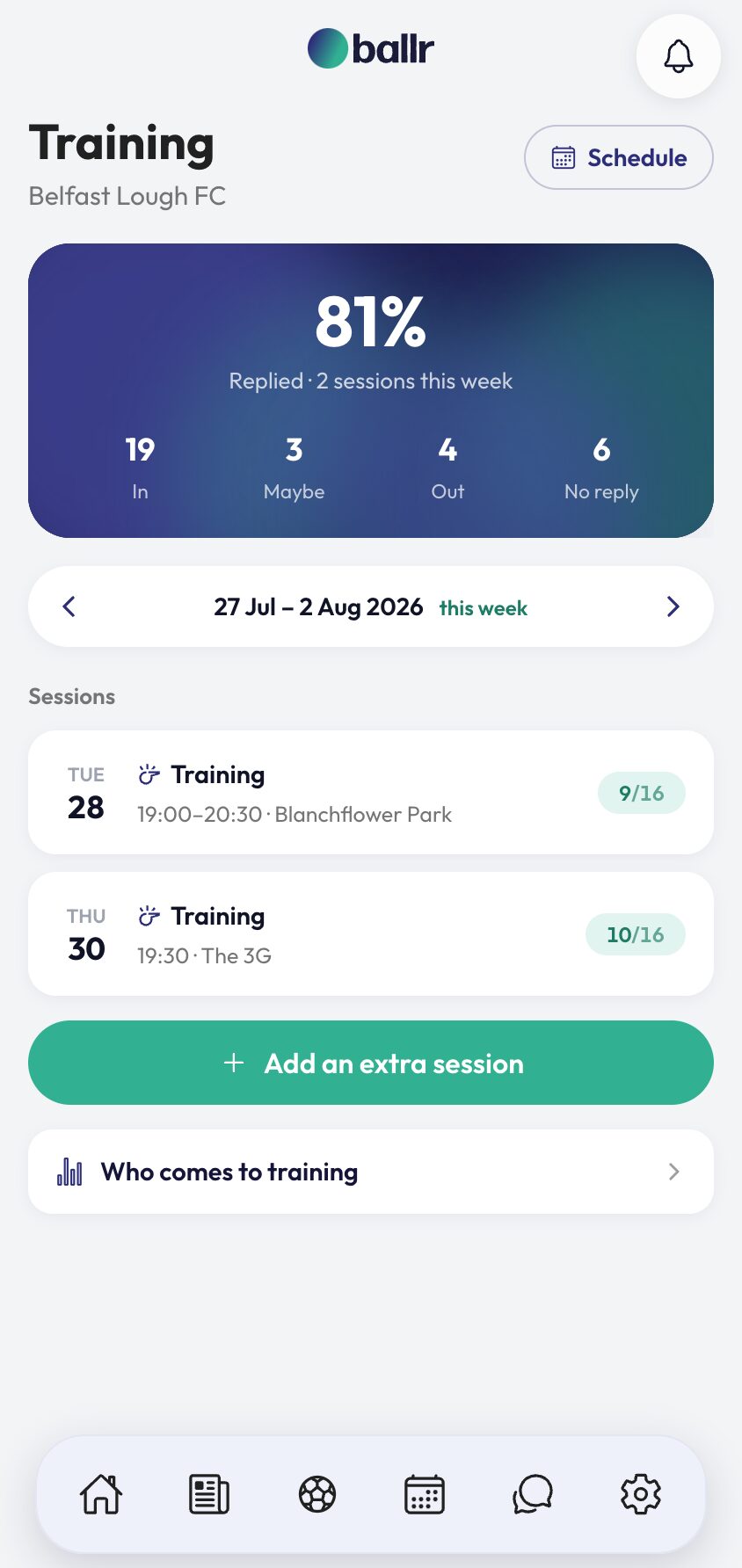 The training week with its sessions, reply counts and the extra session action.