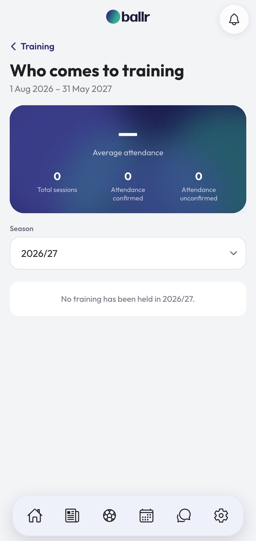 The season training attendance view showing average attendance by player.